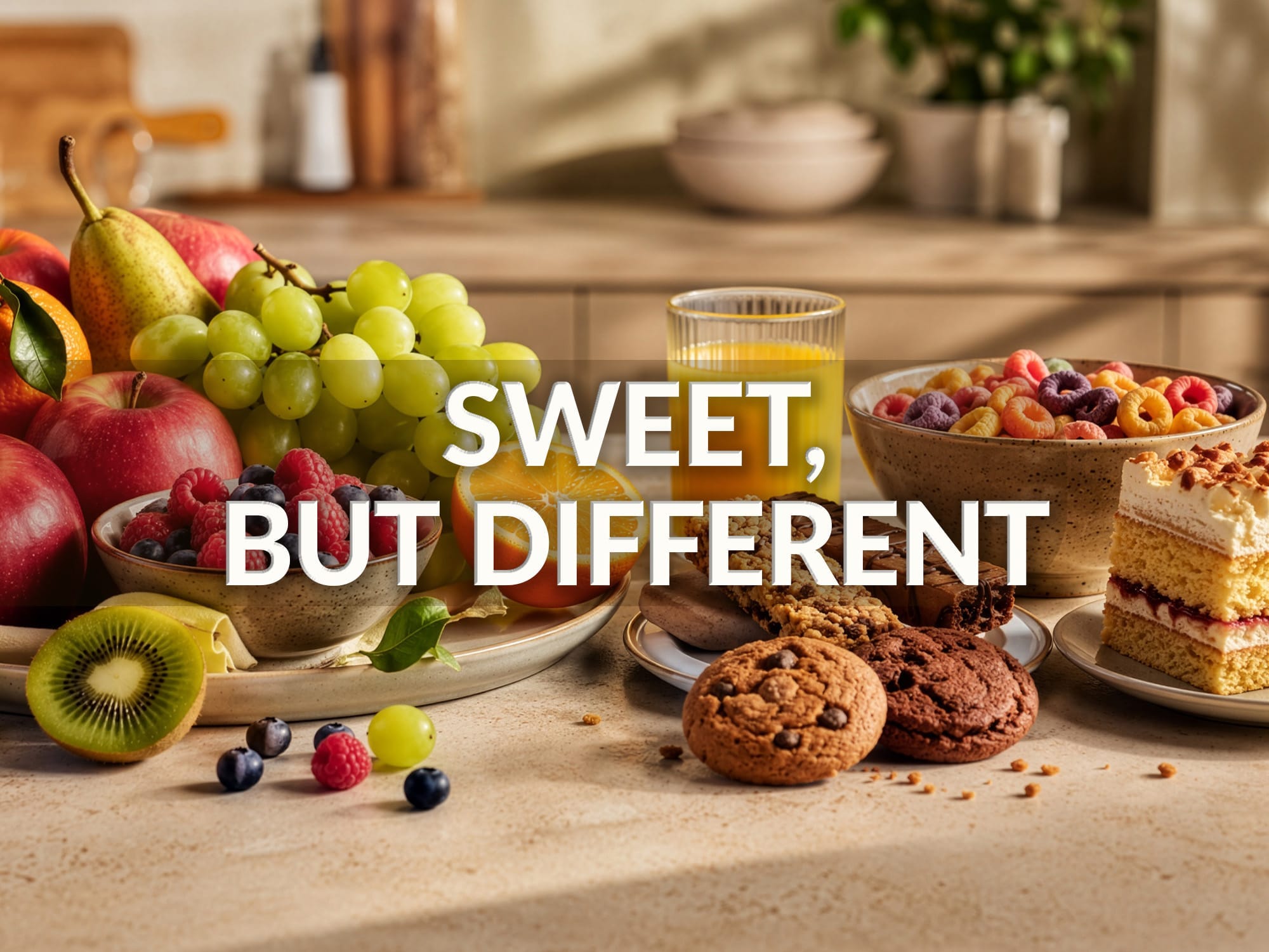 A plate of mixed fruit sits next to juice, cookies, cake and sugary cereal on a kitchen counter. Overlaying the image is the test 'Sweet, but Different'. A plate of mixed fruit sits next to juice, cookies, cake and sugary cereal on a kitchen counter. Overlaying the image is the test 'Sweet, but Different'.