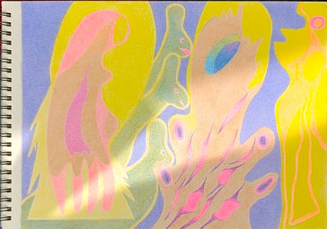 coloured pencils on paper, geometrical and more complex shapes in abstract compositions