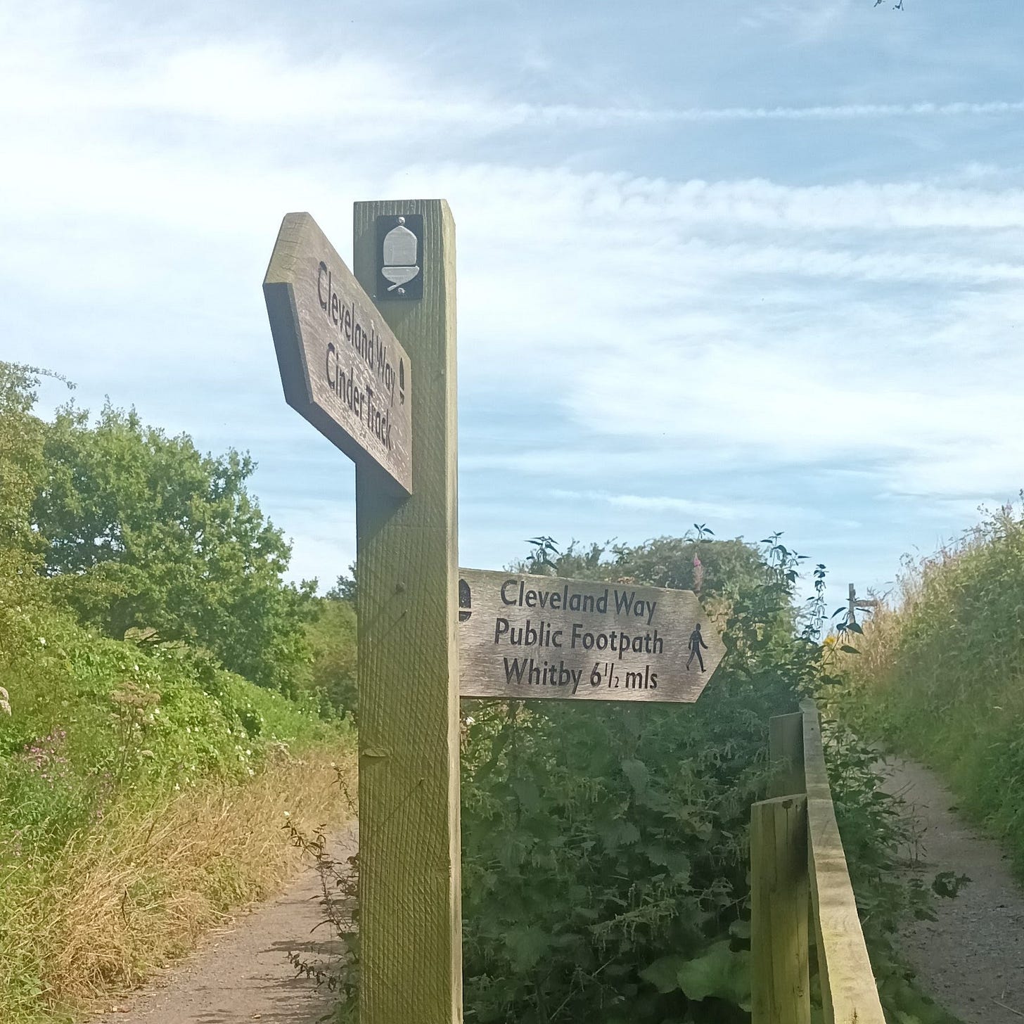 Wooden sign pointing to the right saying 'Cleveland Way Public Footpath Whitby 6 1/2 miles', blue sky and green foliage behind