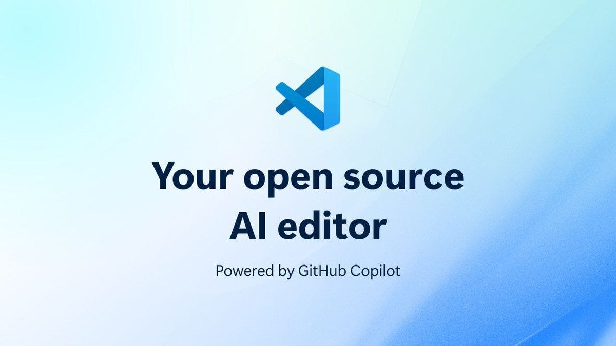 The image is a promotional graphic for an open-source AI editor, specifically Visual Studio Code, which is powered by GitHub Copilot. The background features a gradient of light blue to white, giving a clean and modern aesthetic. At the center, there is the Visual Studio Code logo, a blue and white 'X' with a ribbon-like design. Below the logo, the text reads "Your open source AI editor" in bold, followed by "Powered by GitHub Copilot" in smaller font. This image is part of a social media post by Pierce Boggan, expressing excitement about building in the open with the Visual Studio Code community, as indicated by the post text. The image is a promotional graphic for an open-source AI editor, specifically Visual Studio Code, which is powered by GitHub Copilot. The background features a gradient of light blue to white, giving a clean and modern aesthetic. At the center, there is the Visual Studio Code logo, a blue and white 'X' with a ribbon-like design. Below the logo, the text reads "Your open source AI editor" in bold, followed by "Powered by GitHub Copilot" in smaller font. This image is part of a social media post by Pierce Boggan, expressing excitement about building in the open with the Visual Studio Code community, as indicated by the post text.