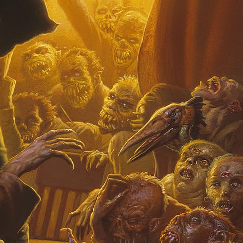 LEFT: Detail from THE WHITE COMMANDS YOU featuring Callahan as he stands in command above the mass of vampires and low men. A cross-shaped scar marks his forehead as he thrusts up the turtle talisman to shine brilliantly down on the hideous creatures. His index and middle fingers extend up while thumb, pinkie, and ring finger grip the palm sized talisman that is burning white. His sleeves are rolled up revealing a thing silver bracelet on his right hand. CENTER: Detail from the foreground left of THE WHITE COMMANDS YOU featuring mole-faced Can-toi staring up in awe. One is dressed in a tux with plaid lapels and red bow tie and another in a ball gown with a string of pearls. Both have red open sores on their foreheads that resemble an eye. Above them is a Taheen with a yellow parrot head and human body. It wears a dress shirt and bow-tie. It reaches out with taloned hands and menace set in its eyes. RIGHT: Detail from the foreground right of THE WHITE COMMANDS YOU featuring vampires at the Dixie Pig recoiling from the light of the turtle talisman. Their eyes glow and their mouths are full jagged teeth pushing out. Mixed into the crowd are Can-Toi with horrifying near-human faces, uneven pointed teeth, and weeping patches of blood on their foreheads that resemble a crimson eye. A single pterodactyl-like Taheen seems unaffected as its beak parts to reveal a long tongue.