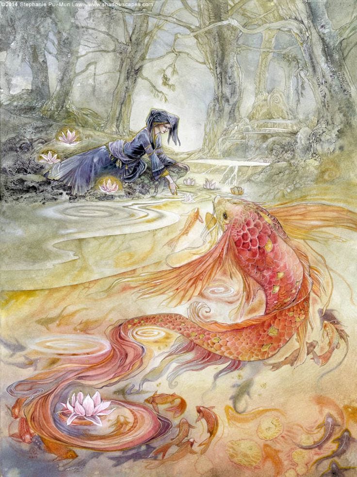 This may contain: a painting of a mermaid and a man sitting on the ground in water with lily pads