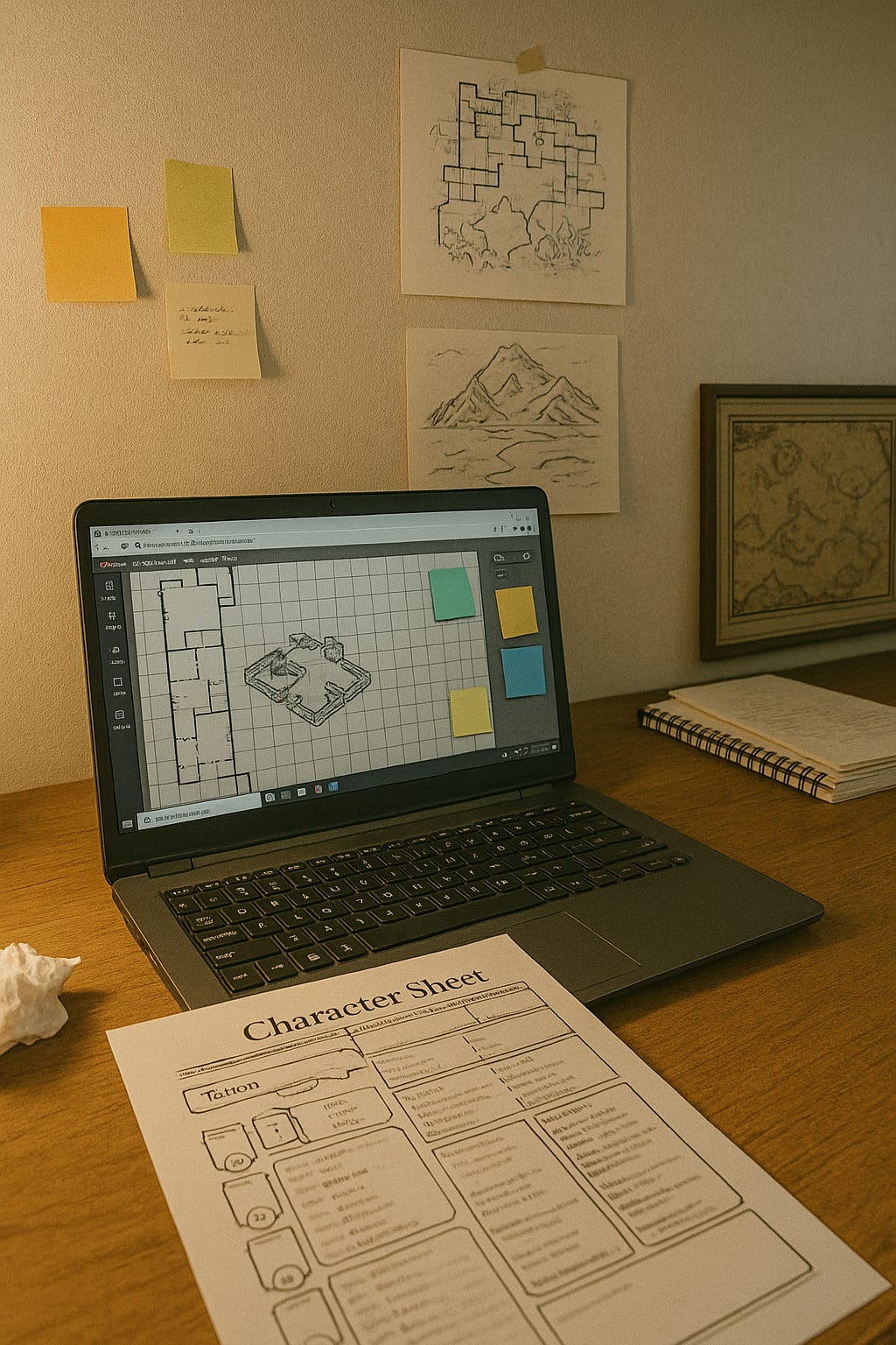 a digital or hand-written character sheet in progress, with scribbles and personal notes in the margins