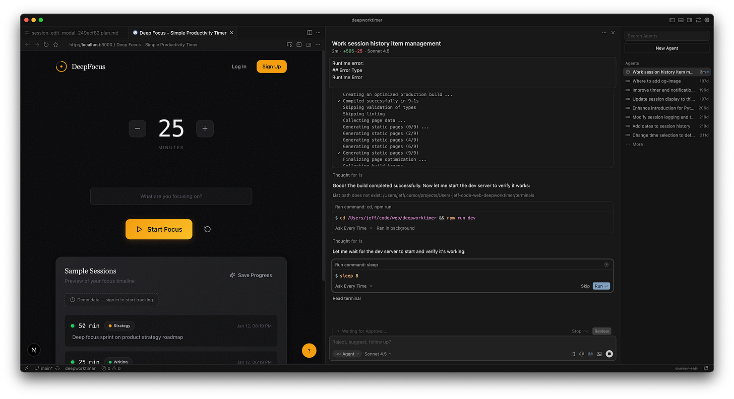 Screenshot of Cursor, showing the agent and a browser Screenshot of Cursor, showing the agent and a browser