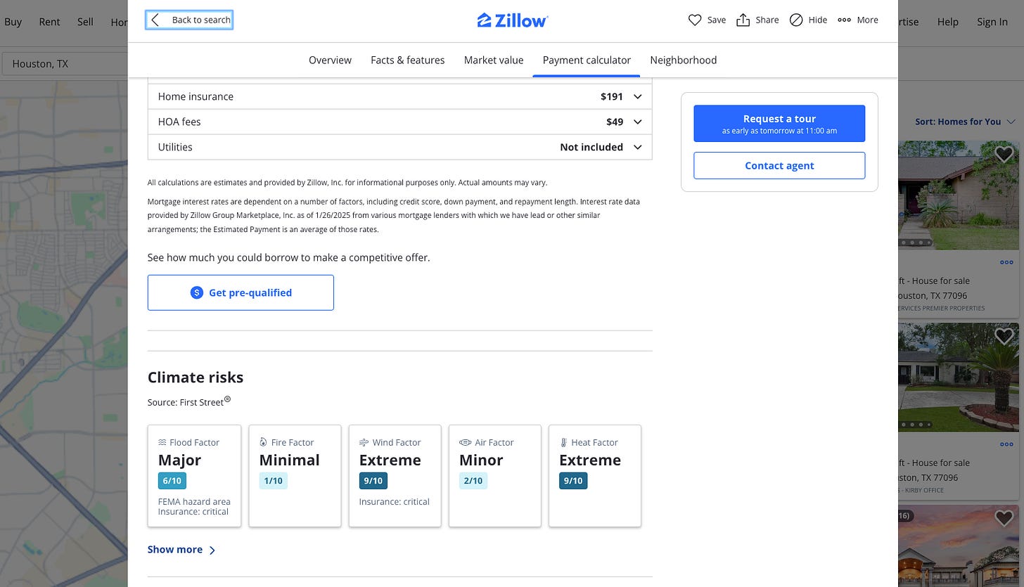 Climate risks by different categories for real-estate properties taken from Zillow's website