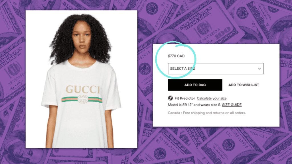 Image of a model wearing a Gucci T-Shirt on the left, and the T-Shirt price on the right