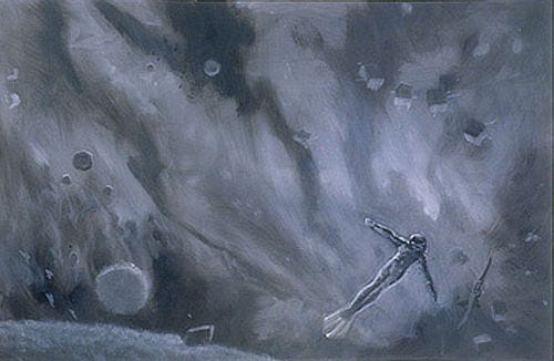 Tonal preliminary concept for THE SMOKE RING featuring a figure with arms spread wide floating through a field of smoke containing lighter spheres of matter and a string of huts set in a wavering line. The swim fins on their feet gives the image a surreal feel in which the viewer can’t tell if this is space or some other kind of environment. Tonal preliminary concept for THE SMOKE RING featuring a figure with arms spread wide floating through a field of smoke containing lighter spheres of matter and a string of huts set in a wavering line. The swim fins on their feet gives the image a surreal feel in which the viewer can’t tell if this is space or some other kind of environment.