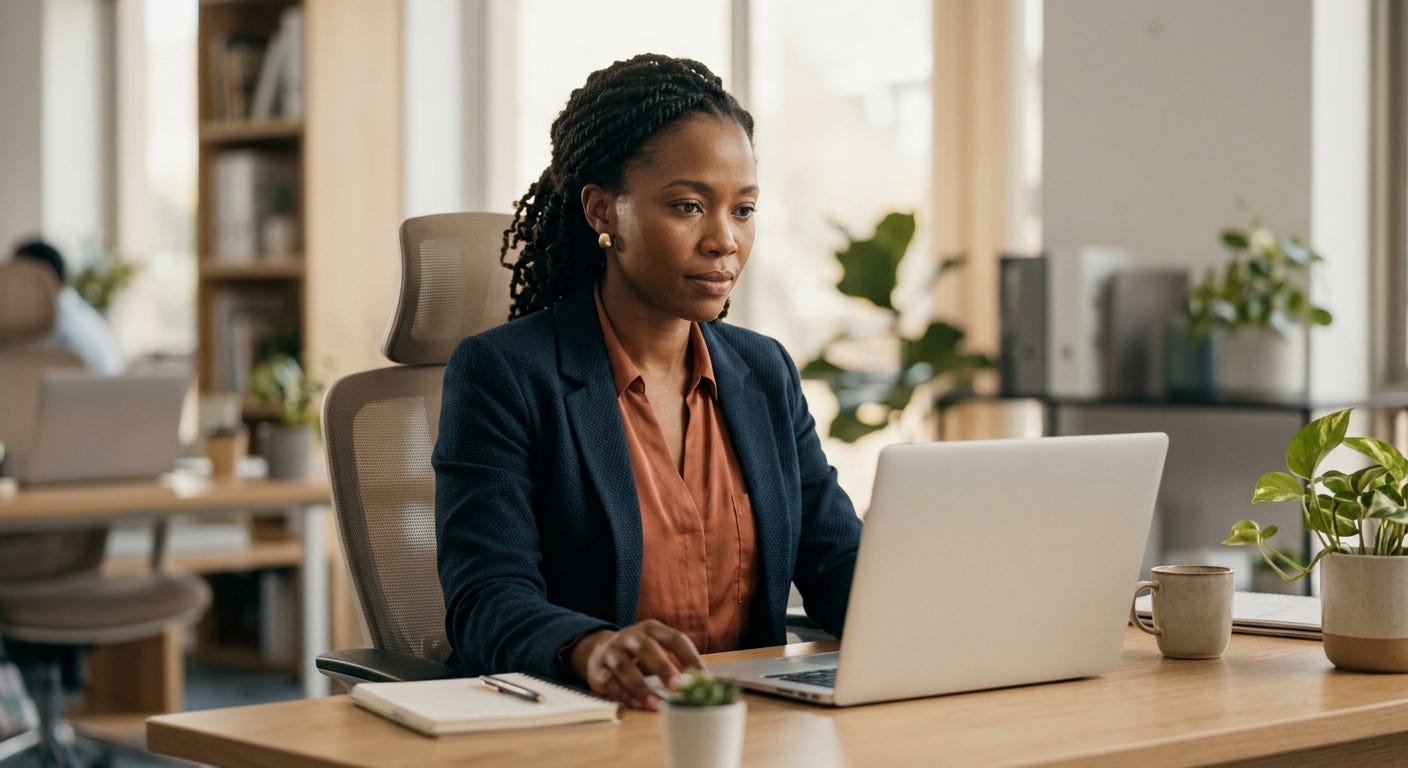 A woman in professional attire sitting at a clean desk, looking directly at a laptop screen, expression focused and composed