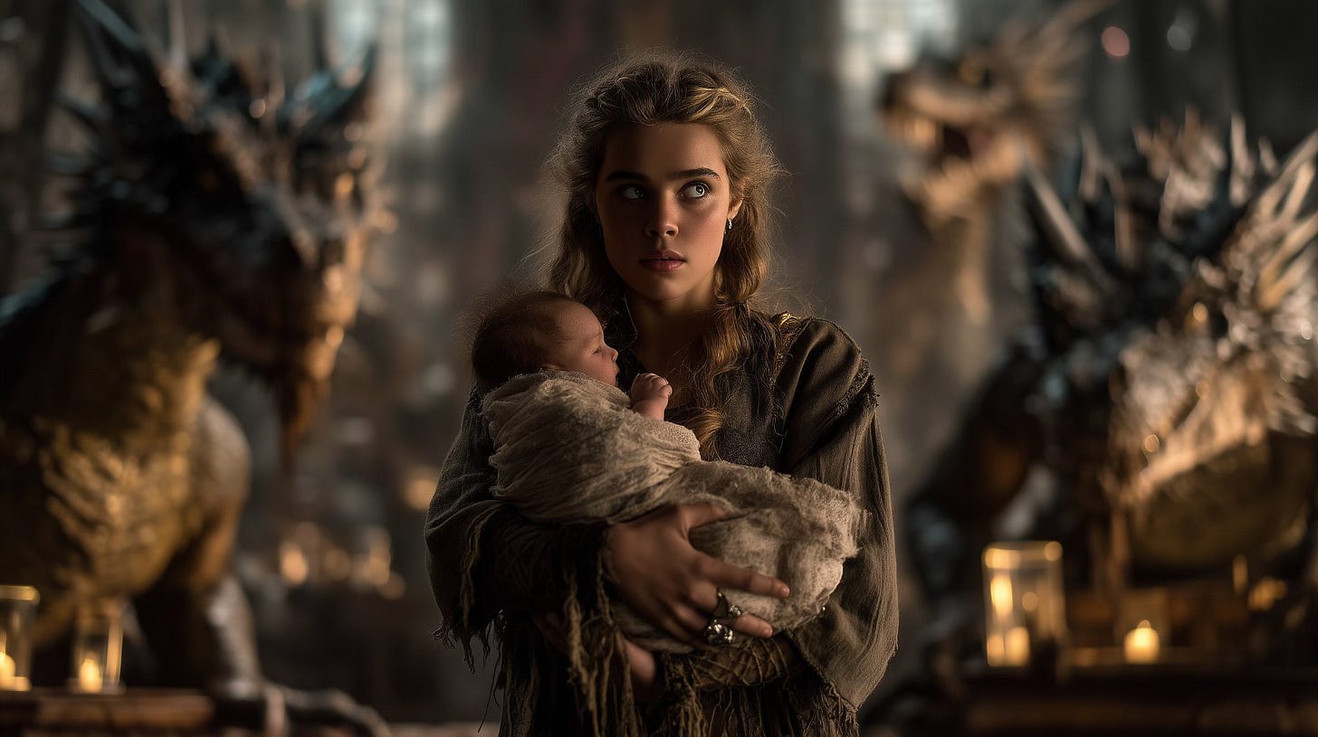 A young woman with loose, braided blonde hair holds a bundled infant close to her chest, standing in a dimly lit hall surrounded by dragons. Candlelight glows softly around them, highlighting her wary, determined expression and the scale of the dragons looming behind her.