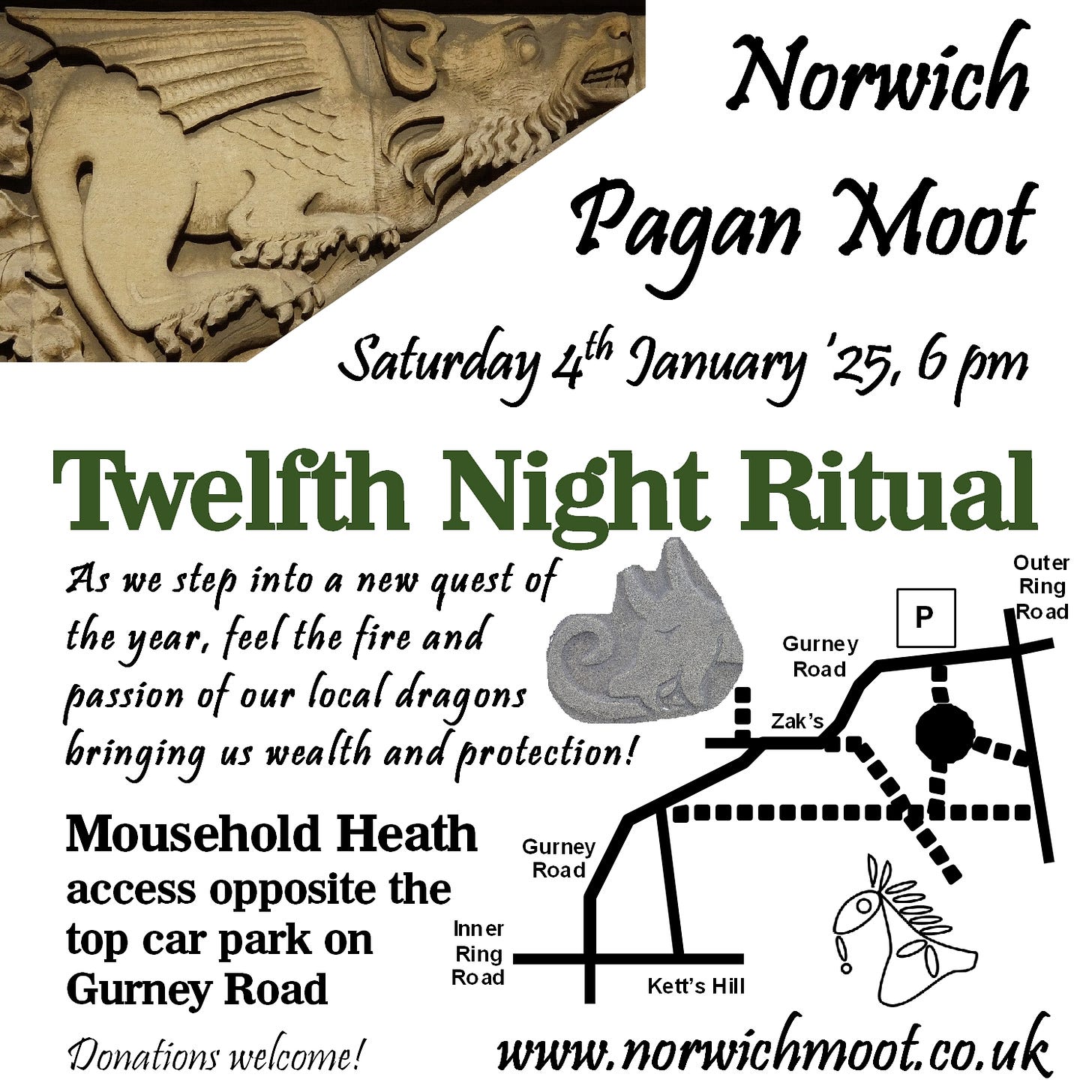 Image promoting the Norwich Moot Twelfth Night Ritual on Mousehold Heath, 4th January 2025 at 6pm, with dragons and a map showing the location of the ritual site, across the road south of the top car park on Gurney Road.