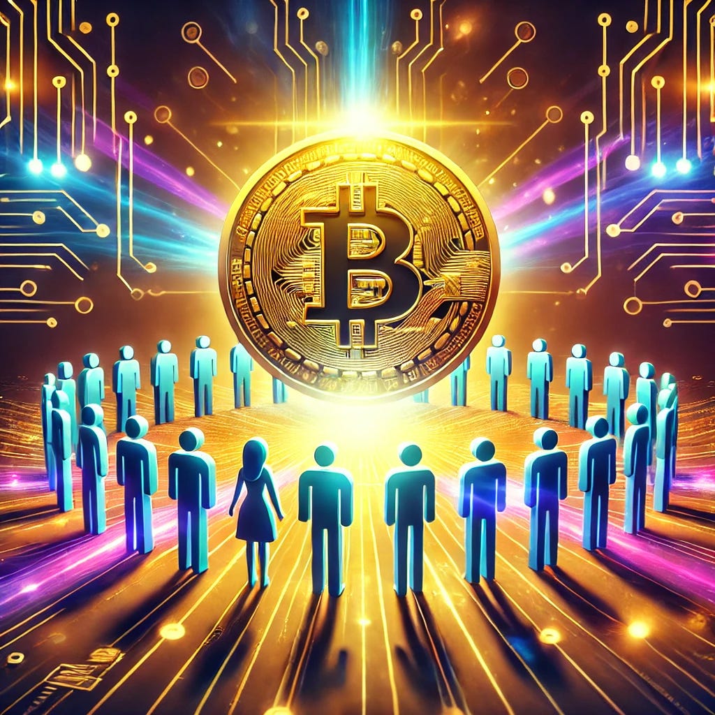 A glowing abstract gold coin at the center, radiating vibrant light beams connecting to a group of diverse individuals standing in a semi-circle, symbolizing innovation and collaboration. The color palette includes bright blues, purples, and golds for a futuristic and innovative feel. The background subtly features blockchain patterns and circuit board elements, enhancing the theme of technology and a forward-thinking crypto community.