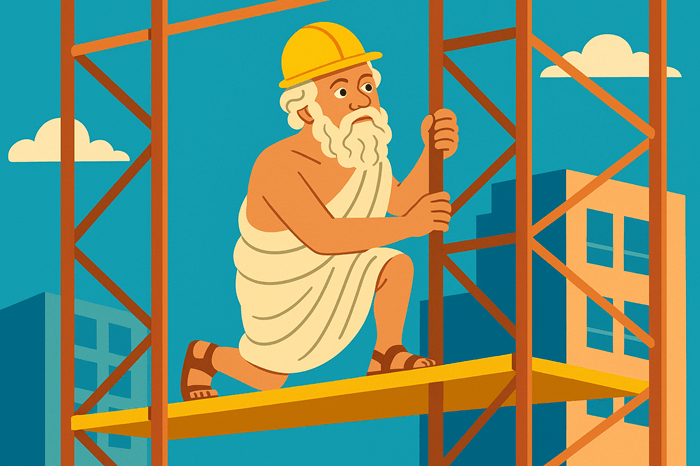 Flat-style illustration of Socrates in a white toga and sandals, wearing a yellow hard hat, climbing on orange scaffolding against a backdrop of modern buildings and blue sky.