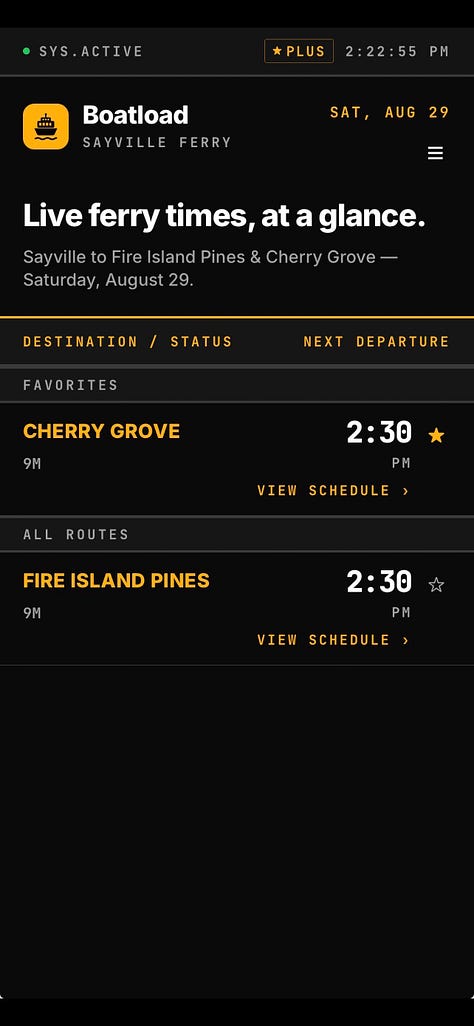 Screenshots of Boatload, a dark-mode app with gold accents. The home screen shows the next departures to Fire Island Pines and Cherry Grove with a countdown. Other screens show schedules by day and season, a Labor Day schedule-change alert, ferry reminders, and the app menu.