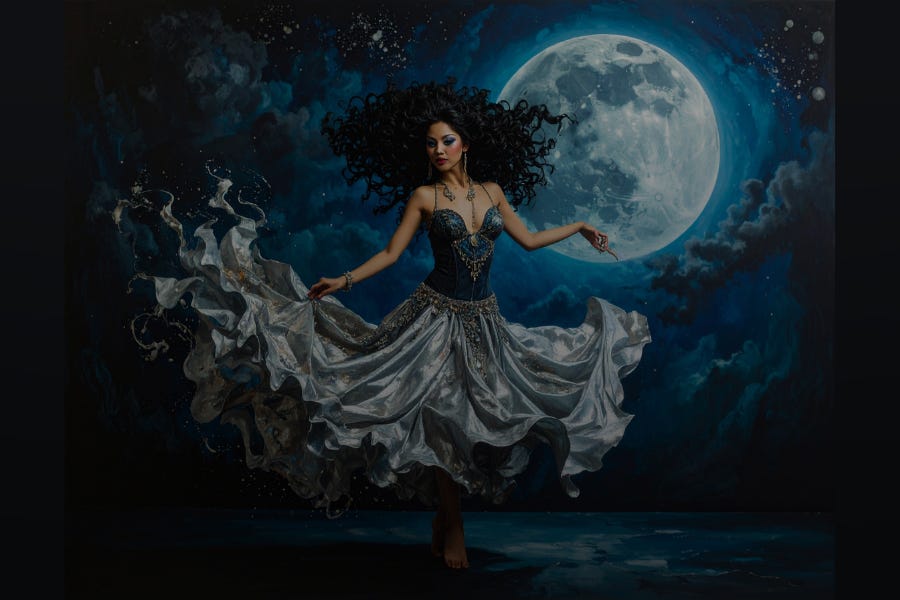 A woman with flowing black curls and storm-blue eyes dances barefoot under a luminous full moon. Her silver skirt swirls around her like smoke and light, creating a dreamlike, whimsical atmosphere.