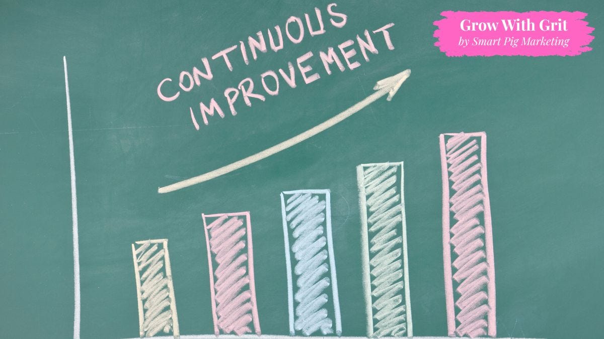 Chalkboard illustration showing a rising bar chart with an upward arrow and the words "Continuous Improvement," representing steady growth through small, consistent improvements over time. Grow With Grit by Smart Pig Marketing branding appears in the upper right corner.