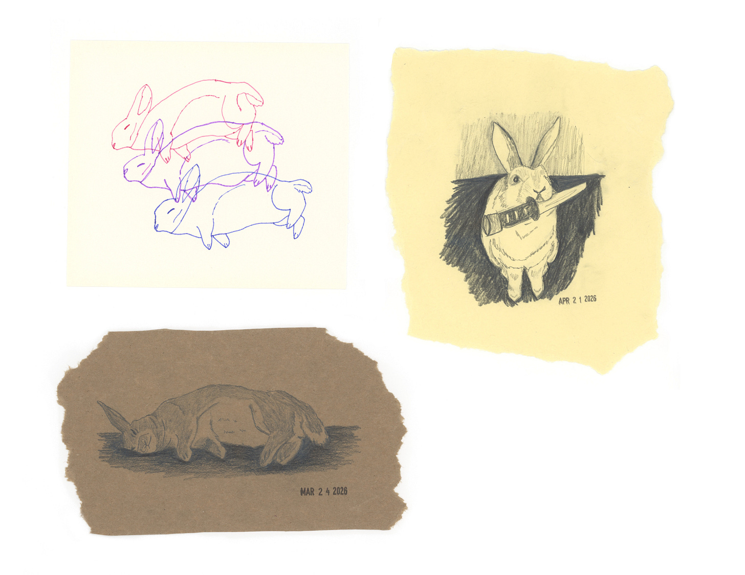 three drawings of rabbits on scratch paper. top right: three overlaid line drawings of a rabbit sleeping on their side, in pink, purple, and blue ink. I guess I made a bisexual rabbit flag? top left: a pencil drawing of a rabbit holding a knife in their mouth from an online image someone shared in notes. drawn on crumpled yellow packing paper. bottom: another rabbit resting on their side, drawn in pencil on a piece of brown paper bag.