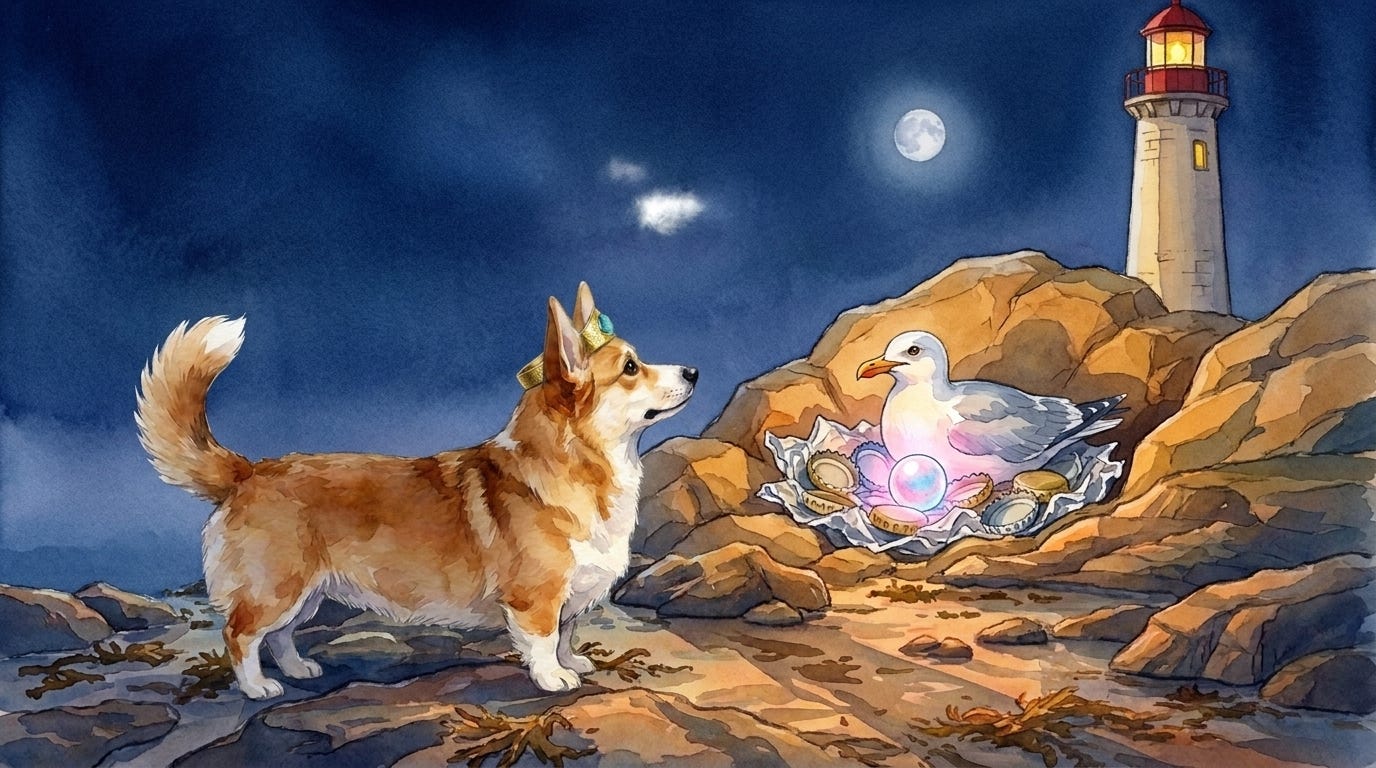 Pedro the lighthouse keeper guards a glowing pearl inside the lantern room — Prince Freddie sleep story illustration.