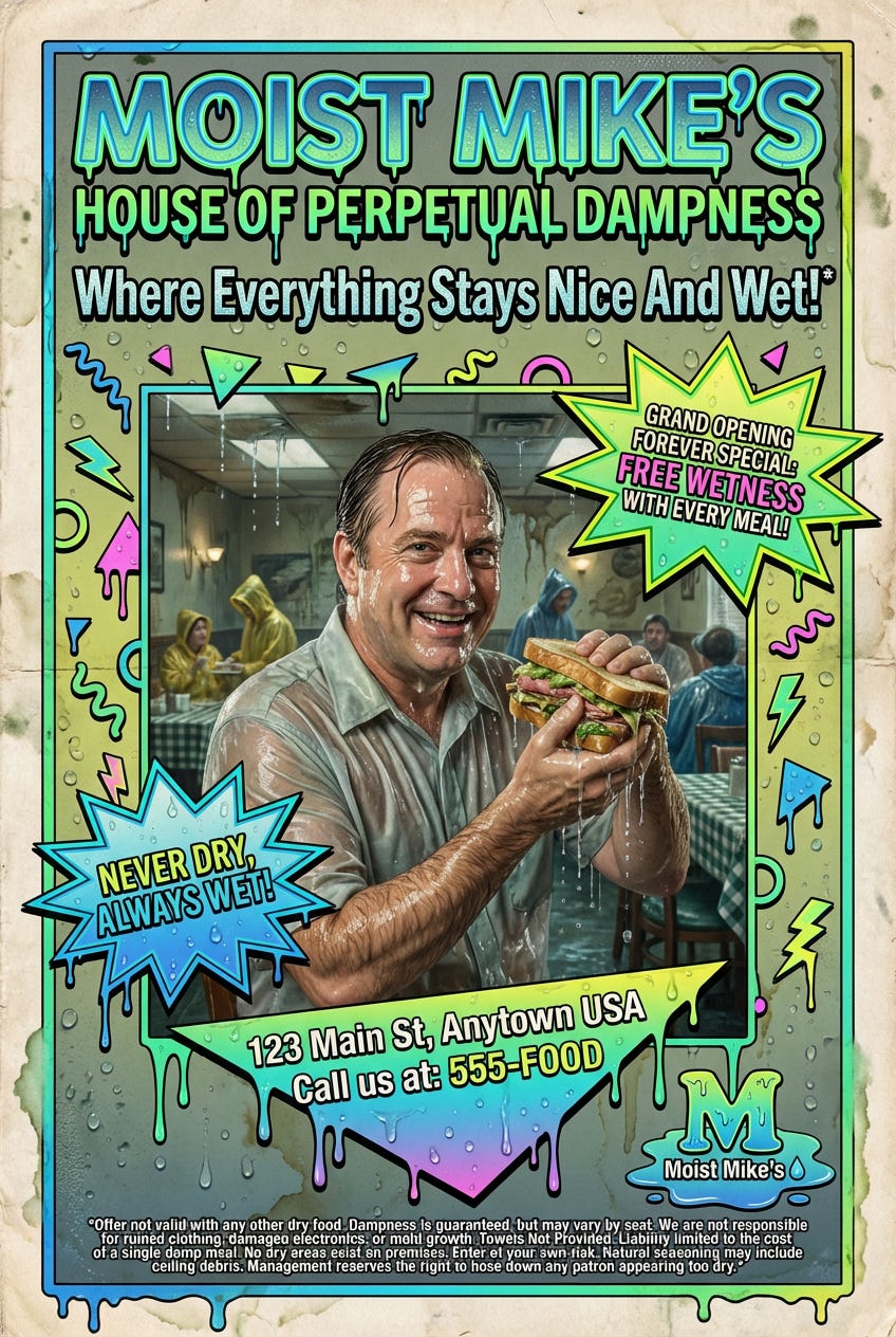 Create a detailed authentic-looking 1980s magazine print advertisement for a fake restaurant called Moist Mikes House of Perpetual DampnessVISUAL STYLE Classic 80s magazine ad aesthetic with bright colors geometric shapes bold typography and_image_1