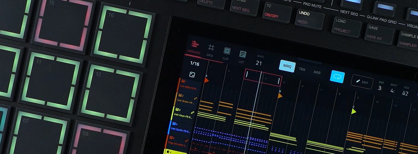 Closeup image of Akai MPC Live III in arrange mode showing the new marquee tool Closeup image of Akai MPC Live III in arrange mode showing the new marquee tool