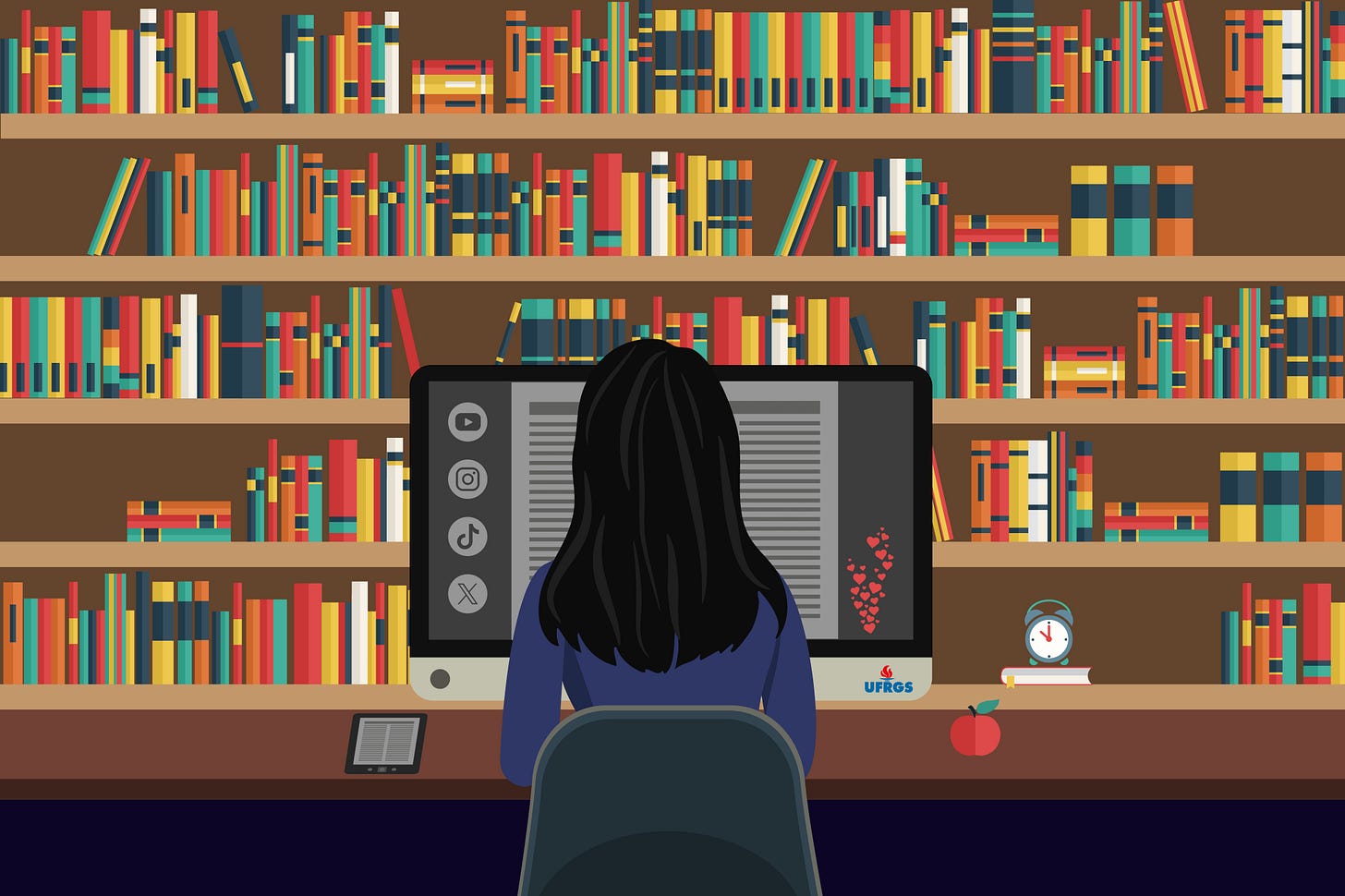 #descrevemospravocê  Ilustração colorida em estilo vetorial mostra uma pessoa de cabelos longos e pretos, vista de costas, sentada diante de um computador em uma biblioteca. A figura veste uma blusa azul escura e está posicionada no centro da imagem, olhando para a tela de um computador de mesa, onde se vê um texto digital e uma coluna de corações vermelhos no canto inferior direito. No canto inferior da tela aparece o logotipo da UFRGS (Universidade Federal do Rio Grande do Sul).  Ao fundo, há uma parede coberta por estantes de madeira cheias de livros coloridos organizados vertical e horizontalmente. A variedade de cores nas lombadas dos livros — como vermelho, azul, amarelo, verde e branco — cria um ambiente vibrante e acolhedor. Sobre a mesa, do lado esquerdo, há um leitor digital (e-reader). Do lado direito, estão um despertador em cima de dois livros empilhados e uma maçã vermelha com folha verde, remetendo ao universo escolar.  Na lateral esquerda da tela do computador, há ícones de redes sociais como YouTube, Instagram, TikTok e outro não identificado, representando distrações ou ferramentas online. A cena transmite a ideia de estudo, pesquisa ou leitura em meio digital, dentro de um espaço tradicional de livros impressos.