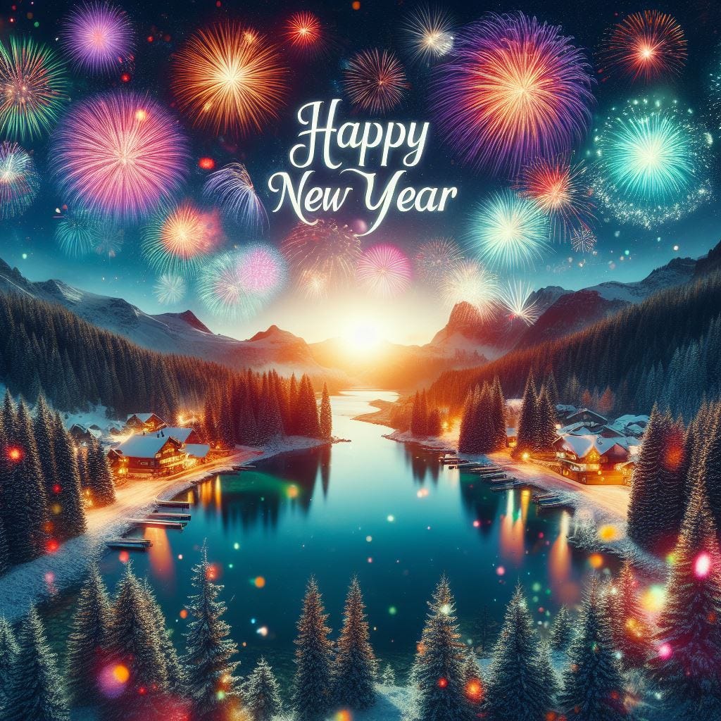 Happy New Year with fireworks over a lake mountain forest