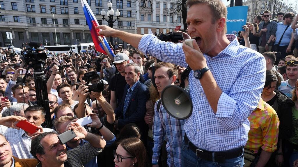 Alexei Navalny addresses supporters during an unauthorised rally against Vladimir Putin in Moscow on May 5th, 2018. Photograph:  Kirill Kudryavtsev/AFP via Getty Images