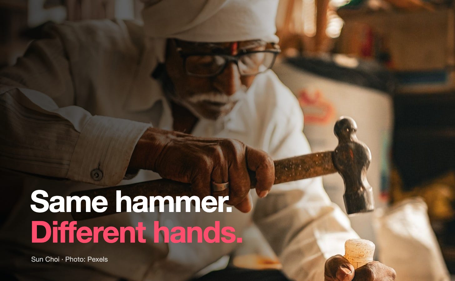 Same hammer. Different hands. An old carpenter's hands on a hammer. Same hammer. Different hands. An old carpenter's hands on a hammer.