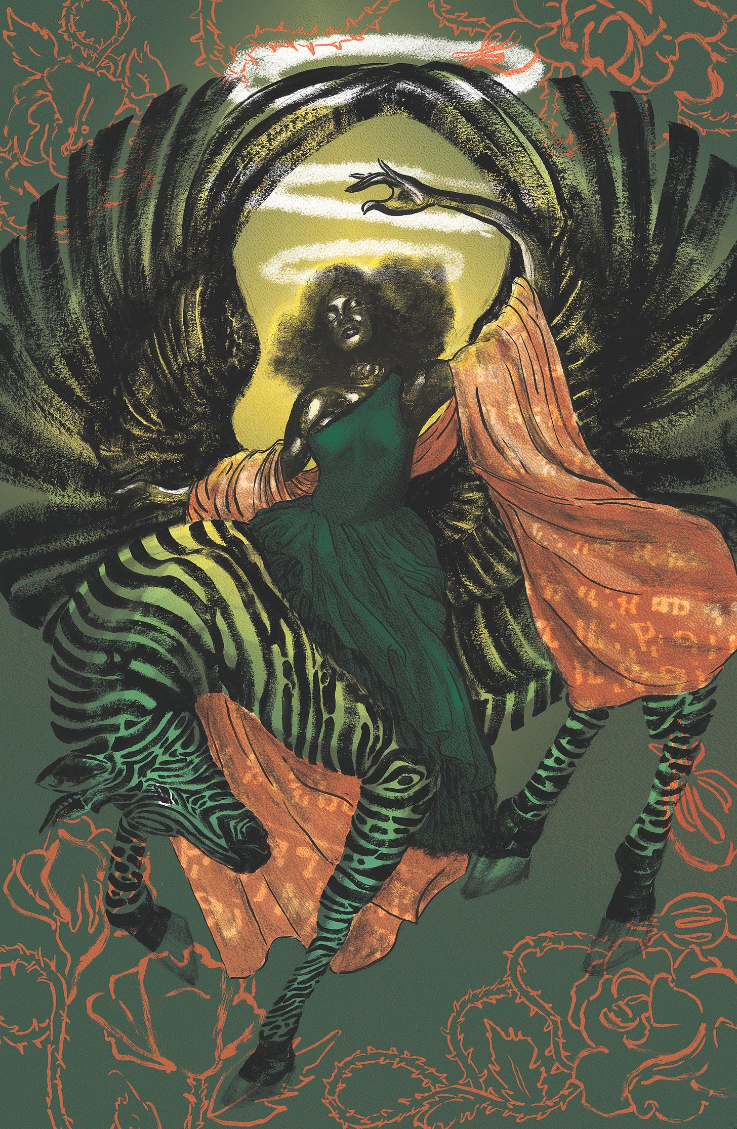 A dark-skinned young black woman is effortlessly expanding herself as she rides a winged zebra. 