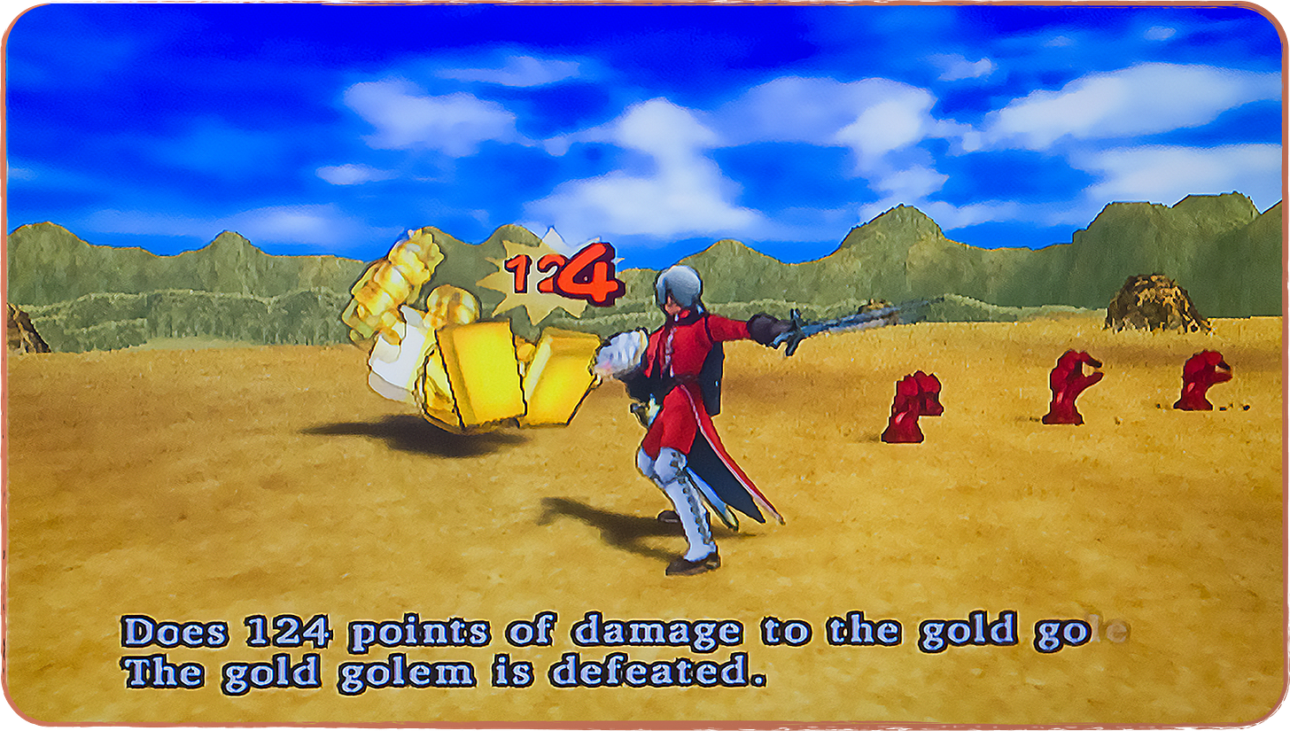 Photo showing a character from Dragon Quest 8, Angelo, striking a Gold Golem enemy and defeating it.
