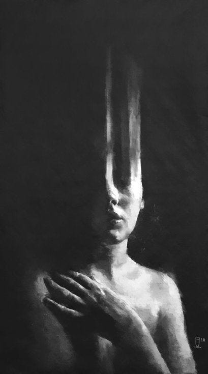 This may contain: a black and white photo of a woman's face with her hands on her chest