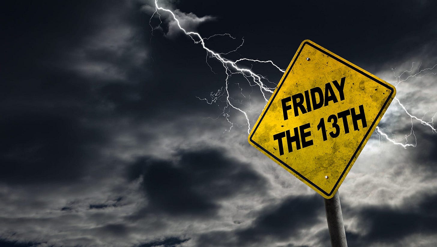 Lightning striking a yellow sign that says friday the 13th Lightning striking a yellow sign that says friday the 13th