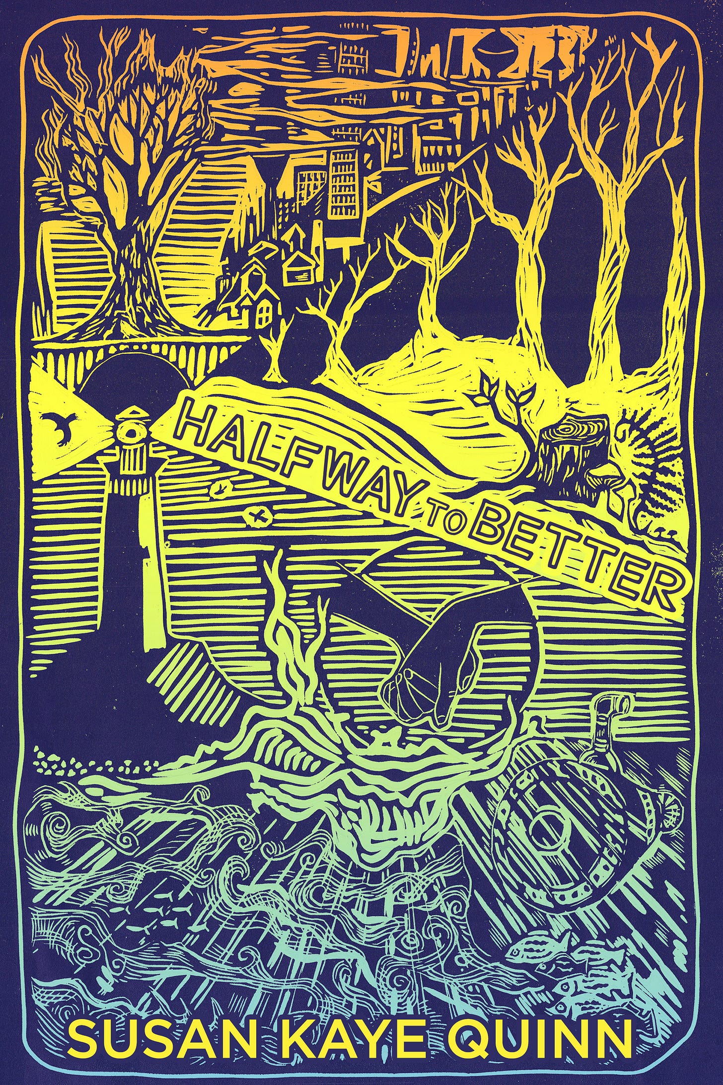 Halfway to Better cover made from linograph printing