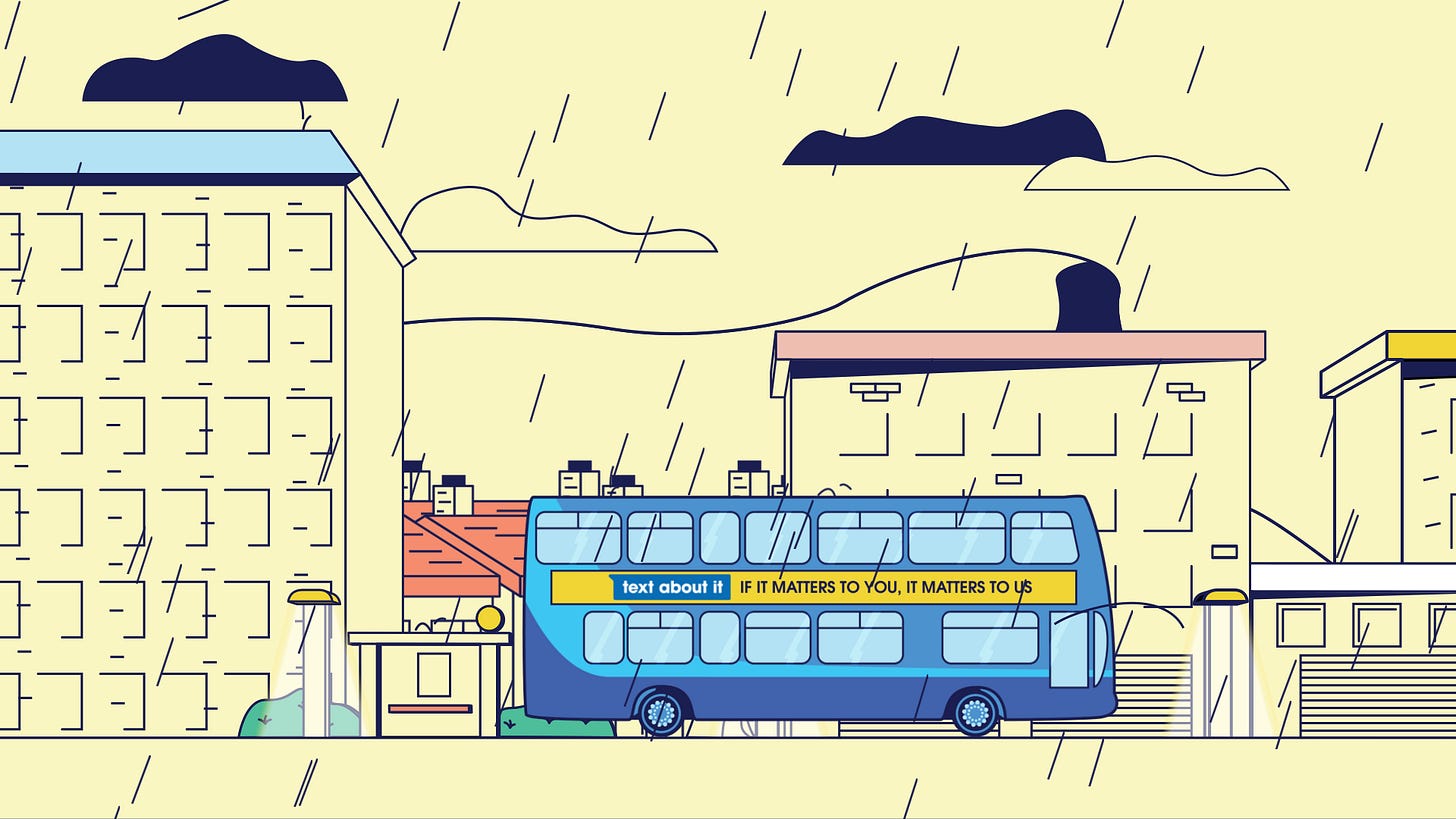 Illustrated city scene from Text About It animated video