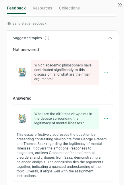 thesify Early Stage Feedback interface displaying suggested topics for an academic essay. One question is marked as answered with an example response, while another remains not answered, demonstrating how thesify helps users identify gaps in their draft.