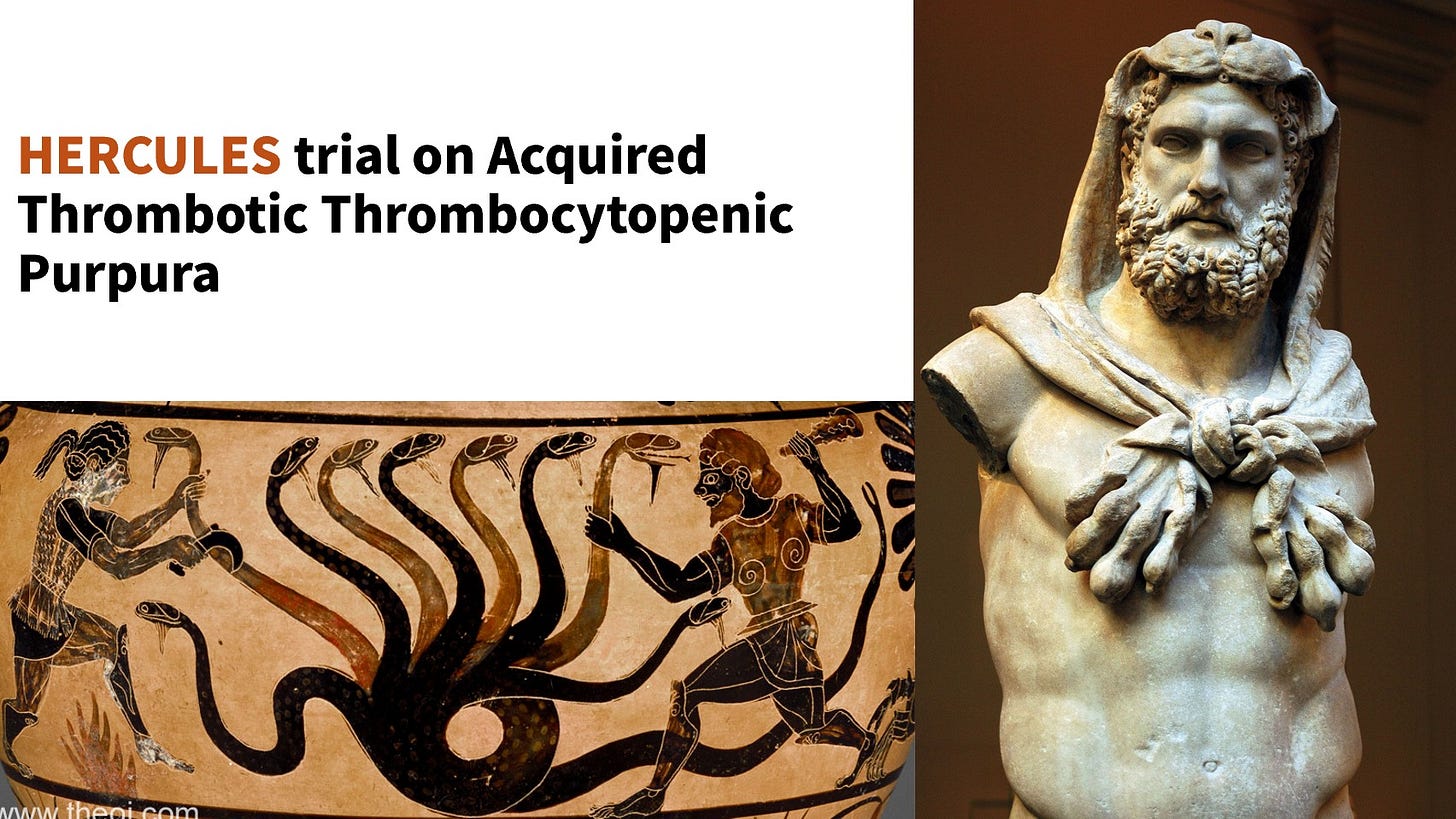 可能是顯示的文字是「 HERCULES trial on Acquired Thrombotic Thrombocytopenic Purpura កែេ WW www.thenicom theni rcom 」的圖像