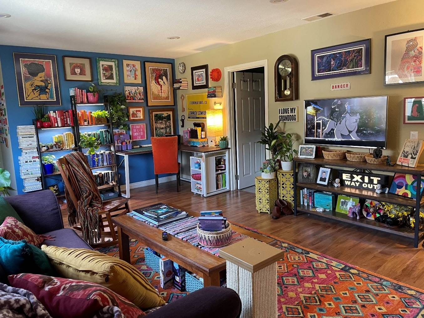 Welcome to my maximalist living room! It's constantly evolving. I just  painted the two walls blue and would love some feedback! : r/maximalism