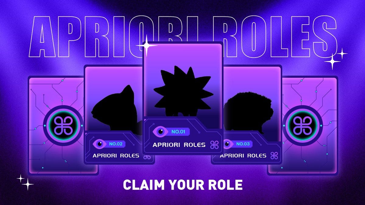 Five purple digital cards with black silhouettes of various shapes, including a star, cat, and human profiles. Each card displays the text "APRIORI ROLES" and numbers like "NO. 01" or "NO. 03." A circular logo with a four-leaf clover design is visible on the left side of each card. The background is a vibrant purple with a glowing effect and stars.