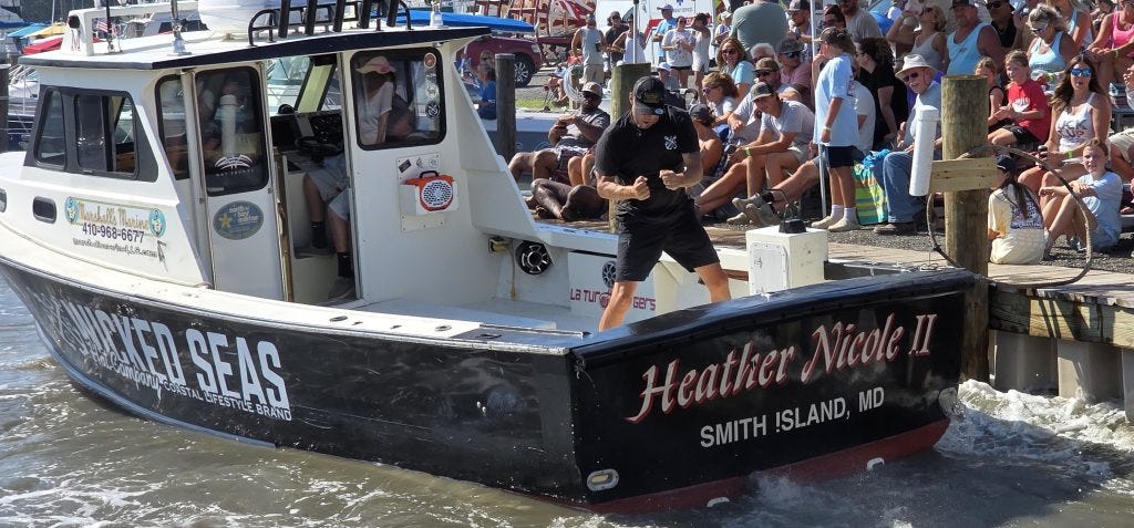 Jamie Marshall competes aboard Heather Nicole II during the boat-docking contest.
