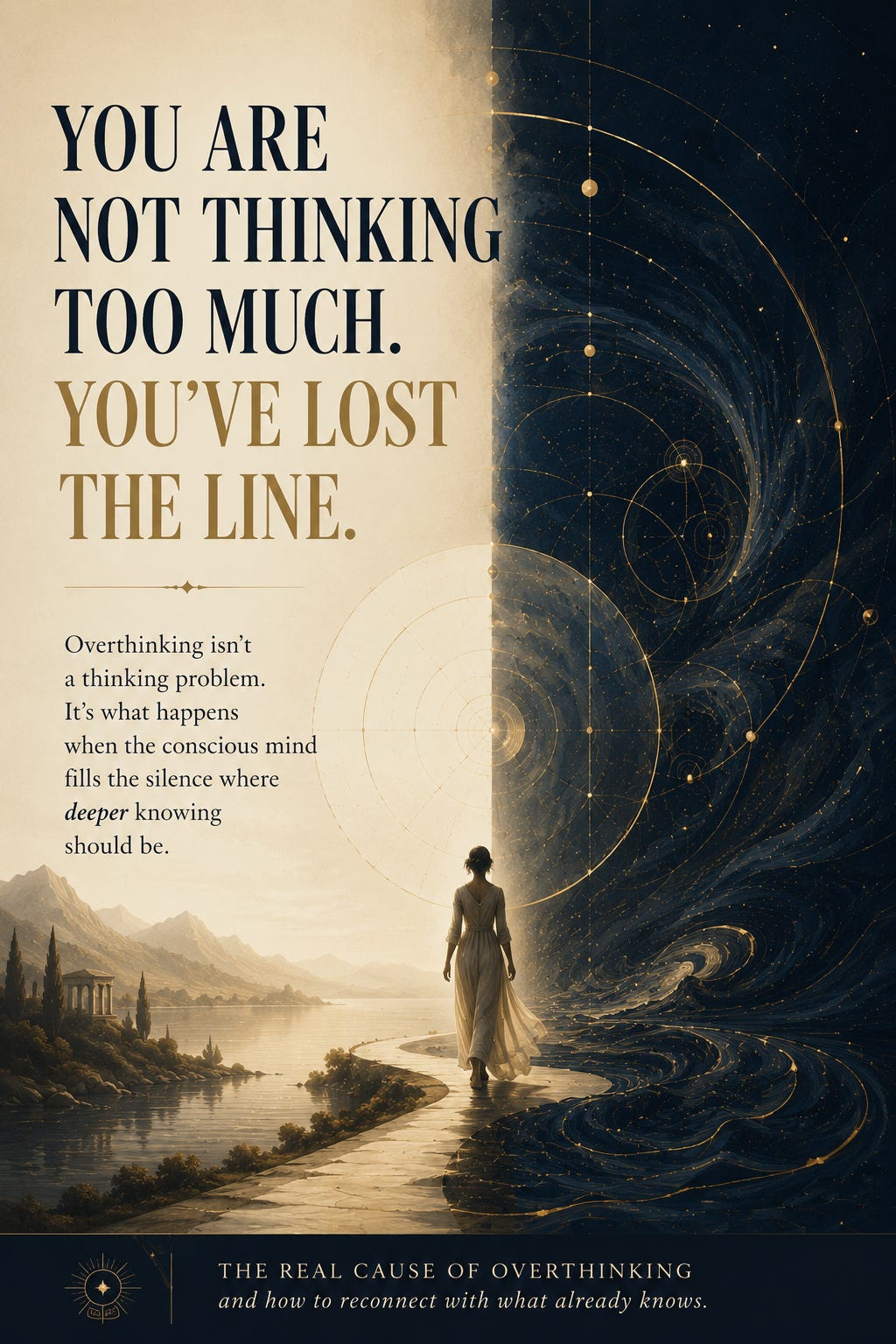 Editorial Pinterest pin in cream, navy, and gold tones featuring large serif typography reading “You Are Not Thinking Too Much. You’ve Lost the Line.” The image is split vertically between a luminous cream landscape with water, mountains, and a winding path on the left, and a deep navy cosmic world filled with glowing gold geometric linework and swirling celestial patterns on the right. A solitary woman walks along the dividing path between both worlds, symbolizing the movement from conscious overthinking into deeper inner knowing.
