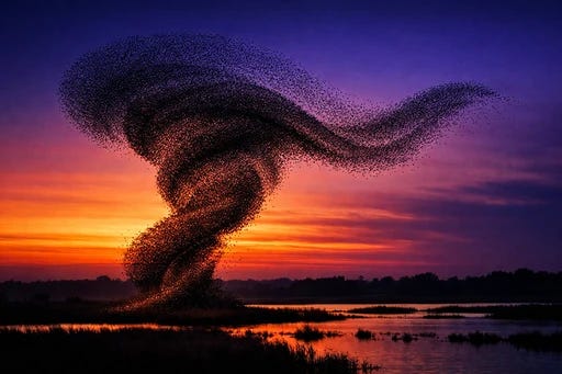 Flock of starlings performing a murmuration with intricate swirling patterns against a dusky evening sky