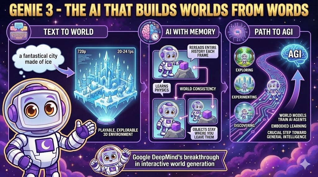 Infographic titled "Genie 3 - The AI That Builds Worlds from Words" featuring a cute robot mascot in a purple cosmic setting. The graphic visualizes Google DeepMind's breakthrough with three key sections: Text to World (generating playable 3D environments), AI with Memory (maintaining physics and consistency), and Path to AGI (embodied learning).