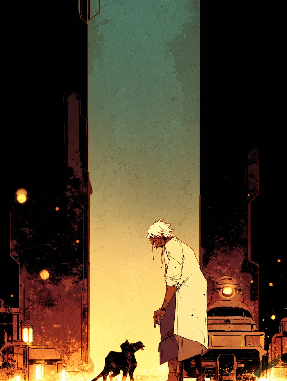 Surreal city scene of a small figure in white walking with a black cat through amber street light between tall dark structures. 