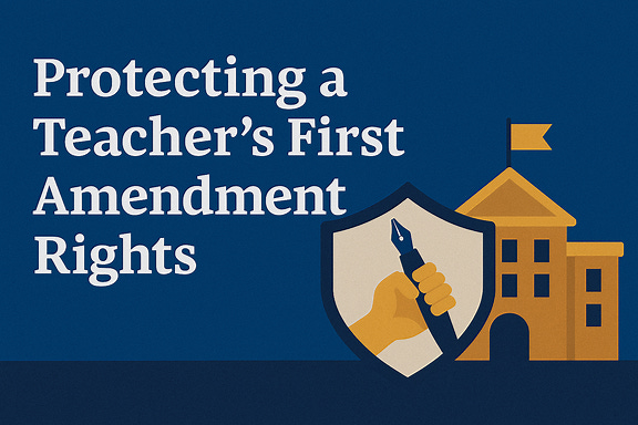 Create a header image for an essay on protecting a teacher's First Amendment Rights. The image should depict a teacher standing in front of a chalkboard with the words 'Free Speech' written boldly, while symbolic elements like the U.S. Constitution, a microphone, and a gavel float around them. The background should suggest a school setting, with subtle tension between authority and expression.