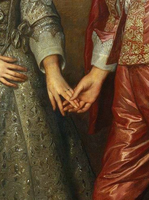 This may contain: a painting of two people holding hands