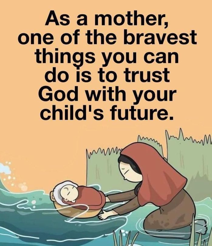 This may contain: a woman kneeling down in the water with a child on her lap and texting as a mother, one of the braves things you can do is to trust god with your child's future