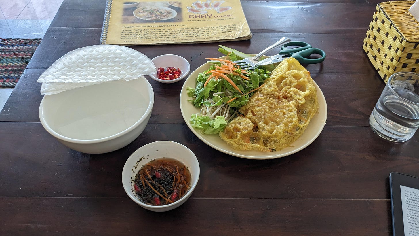 vietnamese pancake, herbs, dipping sauce