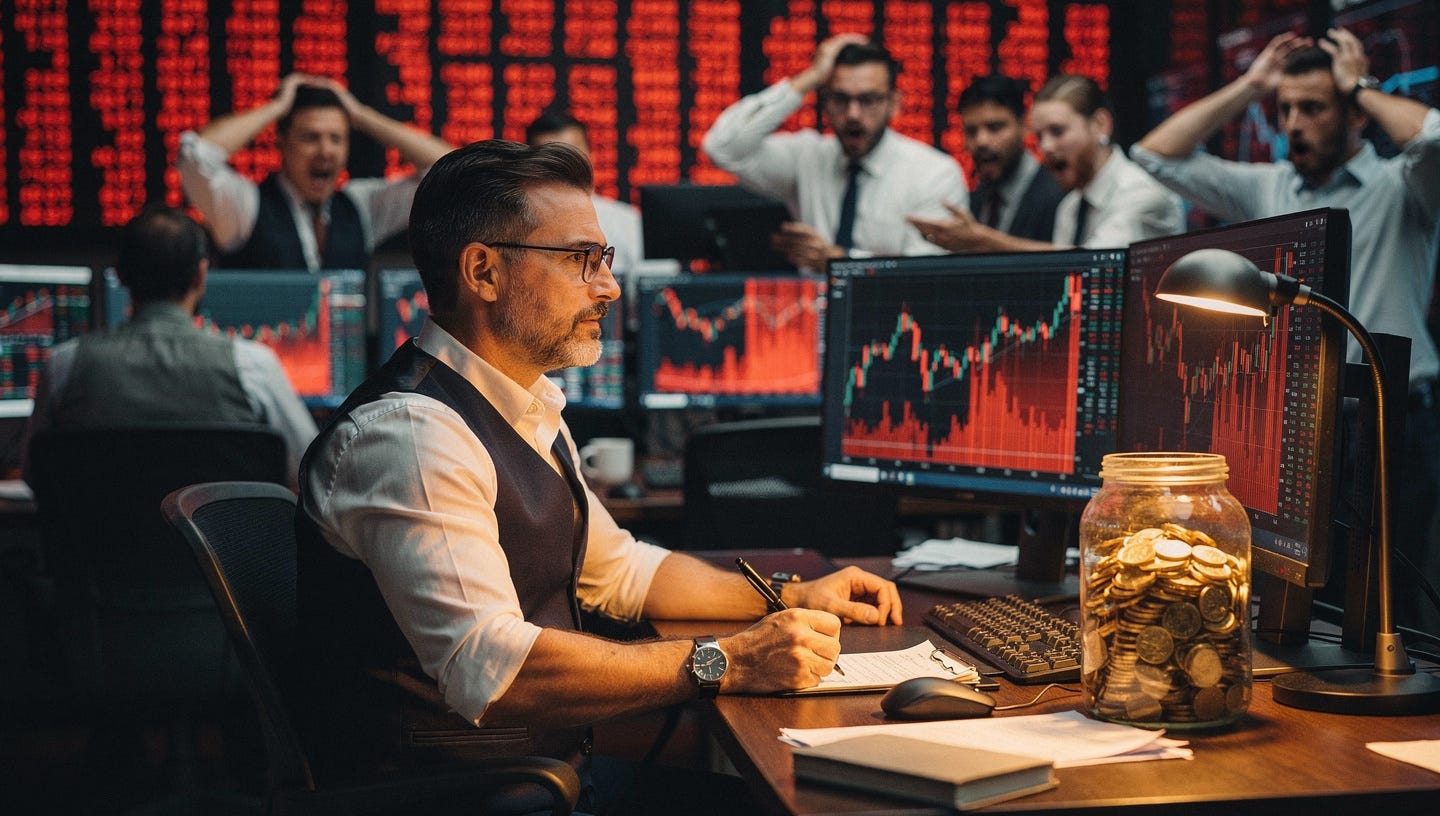 A cinematic photorealistic image illustrating a stock market crash. A calm, focused investor in his 40s sits confidently at his desk, looking at a screen showing red falling charts. Around him, other people in the background are panicking, standing up, looking distressed at their screens. On his desk, a glass jar full of gold coins glows warmly under the light — symbolizing dividend income. He holds a pen, ready to buy. His expression is serene and deliberate, in sharp contrast to the chaos around him. Warm desk lamp light against a darker office environment. Shallow depth of field, cinematic color grading with deep reds in the background and warm gold tones on the investor. Wide angle, 16:9 format, photorealistic, 8K.