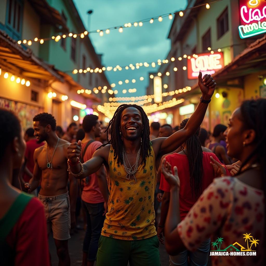 Vibrant Jamaican Reggae sound system amidst a lively street party, where people from all walks of life, rich and poor, unite in dance