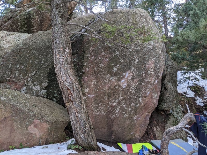 A couple of days after 1'+ of snow at Flagstaff. Note the mini-gully on top of the boulder behind the tree that drains most of the summit snow away from Cryptic Magician, keeping it relatively dry.