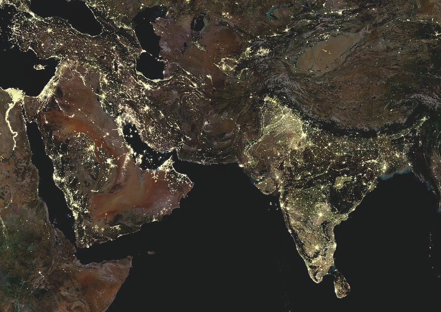 Night Lights Over South Asia and Middle East Photograph - Middle East And India At Night by Planetobserver / Science Photo Library